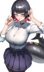  1girl absurdres alternate_breast_size_(larger) black_bra black_hair bra bra_visible_through_clothes breasts candy choker ellen_joe ellen_joe_(on_campus) fins fish_tail food highres holding holding_candy holding_food holding_lollipop large_breasts large_tail lollipop looking_at_viewer moryana multicolored_hair official_alternate_costume pantyhose razor_blade_hair_ornament red_eyes red_hair red_nails shark_girl shark_tail shirt short_hair skirt solo tail underwear white_background white_shirt zenless_zone_zero 