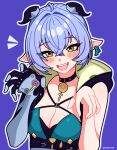  1girl absurdres animal_ears blue_hair blush braid breasts choker cleavage commentary goat_ears goat_girl goat_horns hair_between_eyes highres horns large_breasts long_hair looking_at_viewer lucia_elowen magikflaan open_mouth pointy_ears smile solo yellow_eyes zenless_zone_zero 