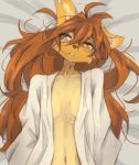 absurd_res anthro apogee_(tinygaypirate) bed breasts bridge_piercing brown_eyes brown_hair canid canine canis cheek_piercing cheek_tuft clothed clothing countershade_torso countershading domestic_dog ear_piercing ear_ring eyebrow_through_hair eyebrows eyelashes eyelashes_through_hair facial_piercing facial_tattoo facial_tuft female freckled_ears freckled_face freckles fur furniture hair half-length_portrait hi_res inner_ear_fluff lidded_eyes long_hair looking_at_viewer lying mammal markings mottled mottled_nose navel neck_tattoo nose_piercing on_back on_bed open_clothing open_topwear parted_lips patch_(marking) piercing portrait ring_piercing seductive slim small_breasts solo spitz tan_body tan_countershading tan_fur tan_inner_ear tan_inner_ear_fluff tan_markings tattoo tinygaypirate topwear translucent translucent_hair tuft underboob_tattoo waist_tattoo