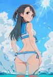  1girl absurdres ass bikini black_hair blue_eyes blue_sailor_collar blue_sky blush breasts closed_mouth cloud day from_behind highres idolmaster idolmaster_cinderella_girls kurihara_nene long_hair looking_at_viewer looking_back megane7000 outdoors sailor_bikini sailor_collar sailor_swimsuit_(idolmaster) side-tie_bikini_bottom sky small_breasts smile solo sun swimsuit wading water wet white_bikini 