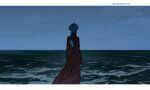  1boy amandasu back back_focus bousouzoku coat dark-skinned_male dark_skin delinquent earrings from_behind grey_sky highres horizon jewelry kurokawa_izana long_sleeves male_focus ocean outdoors overcast print_coat red_coat short_hair sky tokyo_revengers white_hair yin_yang 
