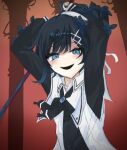  1girl arms_up beret black_eyes black_flower black_hair black_mouth black_ribbon black_shirt black_sleeves blue_hair center_frills choker coat collared_coat commentary_request dot_nose fire_poker flower flower-trimmed_sleeves frills gradient_hair hair_flower hair_ornament hat hat_flower holding holding_weapon long_sleeves looking_at_viewer mahou_shoujo_no_majo_saiban multicolored_hair neck_ribbon open_mouth red_background ribbon rimuy7 sakuraba_ema scene_reference shirt short_hair sleeveless sleeveless_coat smile solo upper_body weapon white_choker white_coat white_hat x_hair_ornament 