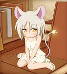  1girl :3 animal_ears book bookshelf breasts cleavage commentary_request dress electric_plug electric_plug_tail full_body grey_hair highres inatsuka_haru light_blush medium_breasts medium_hair mini_person minigirl mouse_ears mouse_girl mouse_tail original sandals sitting solo tail wariza white_dress white_sandals yellow_eyes 