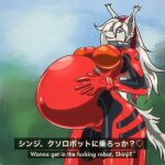 1:1 anthro belly big_belly blue_eyes bodysuit canid canine canis clothing domestic_dog english_text female fur hair hi_res highlights_(coloring) huge_belly hunting_dog hyper hyper_belly hyper_pregnancy implying_sex indigobx looking_at_viewer mammal neon_genesis_evangelion pregnant pregnant_anthro pregnant_female profanity red_clothing red_highlights sighthound silken_windhound skinsuit solo text tight_clothing vega_chioni_(indigobx) white_body white_fur white_hair