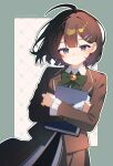  1girl ahoge artist_name blue_eyes book border bow bowtie brown_coat brown_hair closed_mouth coat collared_shirt commentary_request cxaxuk green_border green_bow green_bowtie grey_background highres hod_(project_moon) holding holding_book library_of_ruina looking_at_viewer medium_hair outline outside_border project_moon shirt smile solo white_outline white_shirt 