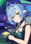  1girl animal_ears blue_hair braid breasts choker cleavage commentary goat_ears goat_girl goat_horns hair_between_eyes highres holding holding_umbrella horns keiten0220 large_breasts long_hair looking_at_viewer lucia_elowen pointy_ears rain smile solo umbrella yellow_eyes zenless_zone_zero 