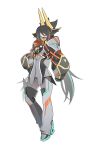  1girl absurdres arm_at_side black_gloves black_hair black_pantyhose boots clenched_hand closed_mouth coat commentary dress dualmare_capsem full_body genderswap genderswap_(mtf) gloves goz-zz green_eyes green_streaks grey_boots grey_coat grey_dress hand_on_own_hip highres kamen_rider kamen_rider_zeztz kamen_rider_zeztz_(series) kamen_rider_zeztz_catastrom long_hair looking_at_viewer mask mouth_mask multicolored_coat multicolored_hair orange_streaks pantyhose pleated_dress rider-tan rider_belt see-through_clothes see-through_mask short_dress shoulder_belt simple_background solo standing streaked_hair thigh_boots untranslatable_commentary very_long_hair white_background zeztz_driver 