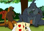 2022 anthro aquatic balls_outline beard blue_body blue_sky bottomwear brown_body bulge card claws clothing colored dated detailed_bulge discarded_clothing facial_hair first_person_view fish frown fur genital_outline grass green_eyes green_grass grin group holding_playing_card imminent_nudity kneeling lagomorph leporid male male/male mammal mischievous_smile muscular muscular_male navel nervous nipple_piercing nipples orange_body orange_scales outside pangolin pants penis_outline piercing plant playing_card poker rabbit scales shark sharp_teeth shirt shrub sitting size_difference sky smile strip_poker tail teeth text topwear tree trio url white_body white_fur whitecolt_productions