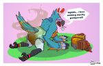 abdl anthro avian beak bird blue_body blush bodily_fluids breath_of_the_wild chest_tuft clothed clothing concertina diaper english_text fart feathers feces flustered genital_fluids green_diaper hi_res jewelry kass_(tloz) kneeling male messy muscular nintendo open_beak open_mouth partially_clothed pooping slinkzstinkz smelly soiled_diaper soiling solo speech_bubble stink_fumes text the_legend_of_zelda tongue tongue_out tuft unclean_diaper urine used_diaper wearing_diaper wet_diaper
