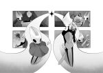 antennae_(anatomy) anthro arthropod background_character backpack cloak clothing comic cranestring828 digital_drawing_(artwork) digital_media_(artwork) duo female fight hi_res holding_object holding_weapon hollow_knight:_silksong hollow_knight_(franchise) hornet's_needle hornet_(hollow_knight) map monochrome motion_lines narrowed_eyes shaded shadow shakra_(hollow_knight:_silksong) source_request standing tail team_cherry unavailable_at_source weapon wristband