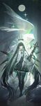  1girl absurdres arknights ascot black_ascot black_gloves black_hair black_halo black_thighhighs black_wings blunt_bangs bow_(music) broken_halo chinese_commentary closed_mouth commentary_request detached_wings echj energy_wings full_moon gloves halo highres hime_cut holding holding_bow_(music) holding_instrument holding_violin instrument jacket long_hair long_sidelocks moon parted_lips short-sleeved_jacket short_sleeves sidelocks solo thighhighs very_long_hair very_long_sidelocks violin virtuosa_(arknights) wings 