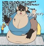 2026 4_fingers absurd_res anthro belly belly_rest big_belly big_breasts black_hair black_nose bolo_(gorb) breasts brown_body brown_fur cleavage clothed clothing double_chin duo english_text eyelashes female fingers food fur gorb_(artofgorb) hair hi_res holding_food holding_object huge_breasts hyena male mammal navel obese obese_anthro obese_female open_mouth ordering_food overweight overweight_anthro overweight_female question_mark tan_body tan_fur text torn_clothing vivi_(gorb)