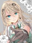  1girl aqua_eyes asymmetrical_bangs black_gloves braid brown_hair closed_mouth commentary_request dutch_angle eiyuu_densetsu elaine_auclair floral_background gloves grey_background hair_between_eyes half_up_half_down_braid highres kuro_no_kiseki_(series) kuro_no_kiseki_i looking_at_viewer natsumikan_(hom08e) smile solo swept_bangs tsurime upper_body v-shaped_eyebrows 