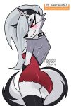 2024 absurd_res anthro artist_name backless_dress bare_back bare_shoulders bedroom_eyes big_butt big_tail black_ears black_tail blush blush_lines breasts butt canid canid_demon canine clothing cocktail_dress collar demon dress ear_piercing eyelashes female fur grey_body grey_fur grey_hair hair hair_over_eye hellaverse hellhound helluva_boss hi_res ko-fi ko-fi_logo legwear long_hair looking_at_viewer looking_back looking_back_at_viewer loona_(helluva_boss) mammal mythological_canine mythological_creature mythology narrowed_eyes notched_ear piercing pinup portrait pose red_clothing red_dress seductive short_dress simple_background smile solo spiked_collar spikes strapless_clothing strapless_dress tail teaofcolors text thick_thighs thigh_highs three-quarter_portrait twitter_handle underbutt url white_background white_body white_fur