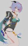  1girl animal_ears bare_legs blue_hair book braid breasts choker cleavage commentary friendlymarsupi goat_ears goat_girl goat_horns goat_tail grey_background hair_between_eyes highres holding holding_book horns key large_breasts long_hair long_sleeves looking_at_viewer lucia_elowen open_mouth pointy_ears solo tail thighs yellow_eyes zenless_zone_zero 