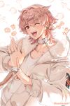  1boy absurdres collar commentary ear_piercing earrings finger_tattoo fur-trimmed_jacket fur_trim highres jacket japduksakki jewelry male_focus one_eye_closed open_mouth pants paradox_live piercing pink_hair red_eyes ring rokuta_(paradox_live) shirt smile tattoo twitter_username white_background white_collar white_jacket white_pants white_shirt 