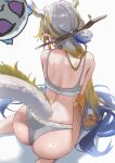  1girl absurdres arknights ass back back_focus bare_arms bare_back bare_shoulders blue_hair bra calvin_klein colored_extremities commentary_request dragon_bean_(arknights) dragon_girl dragon_horns dragon_tail earrings grey_bra grey_hair grey_panties hair_ornament hair_spread_out hair_stick highres horns jewelry logo long_hair panties pointy_ears request_inset shu_(arknights) simple_background solo sweat tail tassel tassel_earrings underwear underwear_only uof very_long_hair white_background 