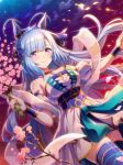  1girl absurdres animal_ears artist_request bare_shoulders blue_bow blue_hair blue_ribbon blue_sky blue_thighhighs blunt_bangs bow bracer braid branch breasts card_(medium) card_commentary cherry_blossoms cleavage closed_mouth commentary cowboy_shot crown_braid detached_sleeves diamond_hair_ornament dot_nose dress ear_ornament embers eyes_visible_through_hair fire flower glint gradient_sky hagoromo hair_ornament hair_ribbon happy highres holding holding_branch horse_ears large_breasts light_blush light_particles long_hair loose_hair_strand mejiro_ardan_(flowers_of_prayer_dance_in_the_night_breeze)_(umamusume) mejiro_ardan_(umamusume) official_alternate_costume official_art outdoors outstretched_arm petals pink_flower pleated_dress puffy_short_sleeves puffy_sleeves purple_eyes red_sky ribbon second-party_source shawl short_dress short_sleeves sky sleeve_bow smile solo standing star_(sky) starry_sky strapless strapless_dress tailcoat tareme thighhighs twilight two-sided_dress two-sided_fabric umamusume very_long_hair white_dress white_sleeves 