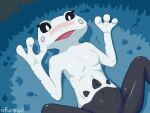 2026 4:3 amphibian anthro black_body black_sclera blush bodily_fluids breasts digital_media_(artwork) featureless_breasts featureless_crotch female female_anthro frog froggit furawii glistening glistening_body glistening_skin grass lying on_back open_mouth outside plant signature solo spread_legs spreading sweat tongue undertale_(series) white_body