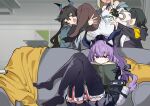  4girls arknights arknights:_endfield black_gloves black_shoes black_thighhighs book chen_qianyu_(arknights) commentary couch dragon_girl dragon_horns eastern_dragon_horns endministrator_(arknights) english_commentary eri_(erikiri) female_endministrator_(arknights) gloves high_heels horns lifting_person multiple_girls on_couch open_book open_mouth perlica_(arknights) purple_eyes purple_hair reading shoes sitting smile thighhighs typhoeus_(arknights) typhon_(arknights) 