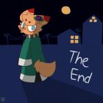 1:1 ambiguous_gender anthro blue_pupils building chromatic_aberration clothing collar dipstick_ears ear_markings flufpan green_clothing green_robe hi_res house looking_at_viewer looking_back markings moon multicolored_ears night orange_body orange_ears orange_tail power_lines pupils red_ear_tips robe shadow simple_nose solo standing tail text unknown_species watermark white_sclera yellow_moon