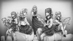  5girls aqua_eyes blue_eyes bow braid collarbone crt double_bun echo_(vocaloid) eleanor_forte english_commentary from_behind green_eyes hair_bun hand_on_own_chest hand_on_own_knee hand_up highres ia_(vocaloid) long_hair long_skirt looking_at_viewer maika_(vocaloid) multiple_girls pleated_skirt ponytail red_eyes sailor_collar school_uniform serafuku shoes sitting skirt sonika spot_color standing sunkreativ sweet_ann synthesizer_v television thighhighs twin_braids twintails very_long_hair vignetting vocaloid 