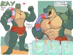 4:3 abs anthro balls_outline big_bulge big_muscles big_pecs bulge character_name clothing container crocodile crocodilian cup detailed_bulge directional_arrow drinking_glass drinking_straw english_text feet fist flesh_fang flexing flexing_bicep flotation_device front_view genital_outline glass glass_container glass_cup green_body heart_symbol hi_res humanoid_feet kay_(rolenzoart) lifeguard looking_at_viewer male model_sheet muscular muscular_thighs navel non-mammal_navel open_mouth open_smile ordering_beverage pecs penis_outline plantigrade red_clothing red_speedo red_swimwear reptile rolenzoart scalie smile solo speech_bubble speedo standing swim_ring swimwear tail text whistle_(object) whistle_around_neck yellow_body