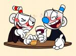 alcohol animate_inanimate beverage blush blush_lines brother_(lore) brothers_(lore) container cup cuphead_(character) cuphead_(game) drinking_glass drunk duo for_a_head glass glass_container glass_cup hi_res humanoid male mug mugman not_furry object_head pukopop sibling_(lore) studio_mdhr substance_intoxication twins_(lore) whiskey wine wine_glass