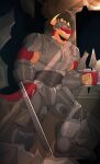 000atanerriaper000 anthro armor armored_boots cybernetics cyborg damaged_building damaged_doorway damaged_wall door dragon evil_grin fallout frank_horrigan_(fallout) gun headgear helmet hi_res horn inside kerfus_(dragon) light light_beam machine male melee_weapon microsoft mythological_creature mythological_scalie mythology ranged_weapon red_body red_eyes red_scales scales scalie smile solo sunbeam sunlight sword tail teeth teeth_showing weapon yellow_body yellow_scales