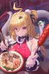  1girl absurdres ahoge aki_(xhs_428379286) blonde_hair bowl breasts chalky_(zenless_zone_zero) chinese_commentary cissia_(zenless_zone_zero) commentary_request corn_dog eating food highres holding holding_food large_breasts leotard long_hair looking_at_viewer multicolored_leotard red_eyes shock_collar side_ponytail snake snake_girl snake_tail solo tail two-tone_leotard very_long_hair white_snake zenless_zone_zero 