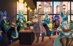 absurd_res anthro anthrofied apron belly big_breasts bottomwear bow_(feature) breasts cleavage clothed clothing coffee_cup collar container cup curvy_figure dress_pants ear_piercing ear_ring eeveelution emile_baudelaire espeon eyewear female fuyuki_(gammainks) generation_2_pokemon generation_4_pokemon generation_6_pokemon glace_(donedoggo) glaceon glasses greeting group hi_res holding_object huge_breasts inside legwear mature_female menu_board mmmeljpeg nintendo olivia_baudelaire open_mouth piercing pokemon pokemon_(species) pokemorph ring_piercing shorts smile stockings suit_jacket sylveon thick_thighs tight_bottomwear tight_clothing tight_shorts topwear wide_hips wife yawn