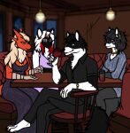 anthro avian black_body black_fur black_hair black_nose blaziken blonde_hair brown_body canid canine canis cassie_khen_(pytex_wolf) clothing container cup digital_drawing_(artwork) digital_media_(artwork) digital_painting_(artwork) dinner dinning dress drinking european_mythology female fur generation_3_pokemon greek_mythology group hair horn infernial inside male mammal multicolored_body mythological_avian mythological_bird mythological_creature mythological_firebird mythology nagisa_(nagisa_kyoya) nagisa_kyoya night nintendo norah_winged painting_(artwork) phoenix pokemon pokemon_(species) pytex_(pytex_wolf) red_body red_hair red_horn restaurant two_tone_body white_body white_fur white_hair wolf