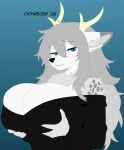 2026 alternate_breast_size anthro antlers bedroom_eyes big_breasts black_clothing black_sweater black_topwear blue_eyes breasts bust_portrait canid canine clothing digital_drawing_(artwork) digital_media_(artwork) dipstick_ears ear_markings female fox fur grey_body grey_fur hair hand_on_breast hi_res holding_breast horn huge_breasts inner_ear_fluff looking_at_viewer mammal markings multicolored_ears narrowed_eyes neck_tuft och_(ochrecer) ochrecer pixel_(artwork) portrait seductive solo spots sweater topwear tuft