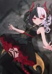  1girl ahoge black_dress black_hair black_thighhighs commentary_request demon_girl demon_horns dress hair_ornament heart heart_o-ring highres horns lacrimosa_(gilded_rhapsody)_(nte) lacrimosa_(nte) looking_at_viewer maka_neko medium_hair multicolored_hair nail_polish neverness_to_everness o-ring o-ring_thigh_strap official_alternate_costume open_mouth purple_streaks red_eyes red_nails sleeveless sleeveless_dress solo split-color_hair streaked_hair thigh_strap thighhighs two-tone_hair two_side_up white_hair x_hair_ornament 