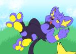 3_toes 4_fingers absurd_res ambiguous_gender anthro big_feet black_body black_claws black_fur claws cloud crossed_legs dipstick_tail eyelashes feet fingers foot_focus fur generation_4_pokemon grass hand_behind_head hi_res lying lying_on_grass markings minoru_(teelatee) nintendo on_grass on_ground pawpads pink_tongue plant pokemon pokemon_(species) purple_body purple_fur purple_toes red_nose shinx sky solo tail tail_markings teelatee toes tongue tongue_out yellow_eyes yellow_inner_ear yellow_pawpads yellow_tail_tip