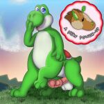 1:1 animal_genitalia animal_penis balls equine_genitalia equine_penis genitals hand_on_cheek hi_res male mario_bros nintendo one_leg_up orangestheasd penis raised_leg solo surprised taur taur_transformation transformation yoshi