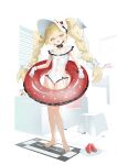  1girl :d barefoot blonde_hair bow braid breasts chinstrap clothing_cutout commentary english_commentary fluffy_hair food frilled_one-piece_swimsuit frills fruit gloves green_eyes hair_bow hair_intakes haruri hat highres holding holding_swim_ring light_blush long_hair looking_at_viewer mesugaki one-piece_swimsuit original polka_dot side_ahoge side_cutout small_breasts smile smug solo standing sun_hat swim_ring swimsuit twin_braids watermelon watermelon_slice white_gloves white_one-piece_swimsuit 