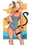2024 absurd_res accessory anthro artist_name black_tail blonde_hair blue_eyes blush border bracelet breasts camel_toe choker cleavage clothed clothing cloud domestic_cat felid feline felis female furgonomics hair half-shaved_head hand_on_hip hi_res jewelry legband looking_aside mammal markings mole_(marking) navel_outline necklace one-piece_swimsuit orange_sky ponytail portrait pose sea sky small_waist solo spiked_bracelet spikes sun swimwear tail tail_accessory tail_bracelet tail_jewelry tan_body teaofcolors text thighband three-quarter_portrait tight_clothing tight_swimsuit tina_(teaofcolors) twitter_handle water wet white_border