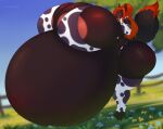2026 animal_print anthro areola areola_slip belly big_belly big_breasts black_body black_fur breasts canid canine clothing colored cow_print day digital_drawing_(artwork) digital_media_(artwork) dipstick_tail female female_anthro fur hair hi_res huge_belly huge_breasts hyper hyper_belly hyper_breasts hyper_pregnancy legwear long_hair mammal markings multicolored_tail navel outie_navel plant ponytail pregnant pregnant_anthro pregnant_female red_hair shaded sherrabast solo standing stockings tail tail_markings thick_thighs thigh_highs