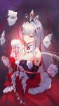  1girl absurdres aha_(honkai:_star_rail) aki_(xhs_428379286) bare_shoulders breasts commentary_request detached_sleeves dress highres holding holding_mask honkai:_star_rail honkai_(series) large_breasts long_hair looking_at_viewer mask nihilux_(honkai:_star_rail) purple_eyes red_dress solo tiara very_long_hair white_hair 