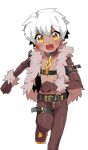  1boy arm_belt belt belt_buckle black_belt boots brown_boots brown_collar brown_gloves brown_jacket buckle chain chest_belt collar commentary_request dark-skinned_male dark_hunter_(sekaiju) dark_hunter_3 dark_skin full-leg_boots gloves hair_between_eyes jacket looking_at_viewer male_focus open_clothes open_jacket open_mouth running sekaiju_no_meikyuu sekaiju_no_meikyuu_2 simple_background smile solo suno_(imydream) white_background yellow_eyes 