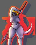 4:5 anthro belly big_breasts big_butt blonde_hair breasts butt female fur genitals grey_body grey_fur hair hi_res inverted_nipples mammal melee_weapon murid murine nipple_dip nipples not_for_bread overweight overweight_anthro overweight_female polearm pose rat rodent slightly_chubby slightly_chubby_anthro slightly_chubby_female solo spear standing thick_thighs vaginal vulva weapon wide_hips
