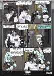 anthro avian beverage big_breasts bird black_body black_feathers breasts brown_body brown_fur brown_hair clothing comic corvid corvus_(genus) crow cybernetics desk dialogue drinking duo english_text eyewear feathers female fur furniture glasses group hair hi_res jacket kathy_(yawg) lagomorph leporid machine male mammal navel oscine passerine piotr_(yawg) rabbit shirt table text topwear wearing_glasses yawg