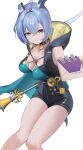  1girl absurdres animal_ears blue_hair braid breasts choker cleavage commentary_request goat_ears goat_girl goat_horns green_eyes hair_between_eyes highres holding horns large_breasts long_hair looking_at_viewer lucia_elowen pointy_ears smile solo user_tcve8253 yellow_eyes zenless_zone_zero 