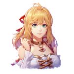  1girl antenna_hair blonde_hair breasts choker closed_mouth commentary_request cropped_torso dress eyelashes fiora_(xenoblade) green_eyes long_hair looking_at_viewer red_ribbon ribbon smile solo twirling_hair w2398510474 white_dress xenoblade_chronicles_(series) 