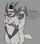 anthro behind_another blue_accents blush bodily_fluids bovid breasts caprine covering covering_crotch crown crown_only cult_of_the_lamb embarrased_horny embarrassed english_text eyebrows female female/female fur grey_background grey_body hand_covering_pussy headgear headgear_only holding_breast horn lactating lamb_(cult_of_the_lamb) mammal massive_monster_(studio) multi_ear multi_eye multi_horn offscreen_character pink_blush raised_eyebrow sheep sheep_tail simple_background talking_to_another teasing_look text welcometaco white_body white_fur white_wool wool_(fur) yngya_(cult_of_the_lamb)