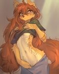 abstract_background absurd_res anthro apogee_(tinygaypirate) arm_tattoo arm_tuft bottomwear breasts bridge_piercing brown_eyes brown_hair canid canine canis cheek_piercing cheek_tuft clothed clothing countershade_torso countershading crop_top domestic_dog ear_piercing ear_ring elbow_tuft eyebrow_through_hair eyebrows eyelashes eyelashes_through_hair facial_piercing facial_tattoo facial_tuft female fluffy fluffy_tail freckled_ears freckled_face freckles fur gauged_ear hair hand_on_crotch hi_res holding_breast inner_ear_fluff long_hair long_tail looking_at_viewer mammal markings midriff mottled mottled_nose navel neck_tattoo nose_piercing off_shoulder one_ear_up pants parted_lips patch_(marking) piercing ring_piercing shirt shoulder_tuft slim small_breasts solo spitz t-shirt tail tan_body tan_countershading tan_fur tan_inner_ear tan_inner_ear_fluff tan_markings tattoo tinygaypirate topwear translucent translucent_hair tuft under_boob underboob_tattoo waist_tattoo wide_hips