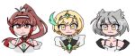  3girls animal_ears blonde_hair breasts brown_hair cat_ears cat_girl chest_jewel cleavage closed_mouth collarbone core_crystal_(xenoblade) criss-cross_halter flipped_bangs frown glimmer_(xenoblade) grey_hair hairband halterneck headband high_ponytail highres hood hoodie jacket japanese_clothes jewelry kimono long_hair mio_(xenoblade) multicolored_hair multicolored_hairband multiple_girls ponytail puffy_sleeves red_eyes red_hair red_headband shimmer_(xenoblade) short_hair smile swept_bangs tank_top tanukihuey tiara toon_(style) two-tone_hairband upper_body white_background white_headband white_hoodie white_kimono white_tank_top xenoblade_chronicles_(series) xenoblade_chronicles_2 xenoblade_chronicles_3 xenoblade_chronicles_3:_future_redeemed yellow_eyes 