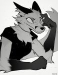 2026 agitated annoyed anthro artist_name canid canine claws clothed clothed_anthro clothed_female clothing dated falvie female female_anthro fox gloves_(marking) greyscale hand_on_head hi_res leaning leaning_forward mammal markings monochrome shedding shirt sketch solo t-shirt tail text the_fox_(falvie) topwear wide_eyed