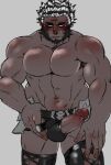  1boy abs averting_eyes bara beard black_hair black_thighhighs blush commentary_request covered_testicles cowboy_shot cross-laced_clothes cross-laced_legwear dark-skinned_male dark_skin erection facial_hair final_fantasy final_fantasy_xiv finger_under_clothes full_beard girthy_penis large_pectorals male_focus mature_male multicolored_hair muscular muscular_male navel no_nipples original pectorals penis roegadyn shi_(pixiv_24993110) short_hair shy solo standing stomach strongman_waist sweat thick_beard thick_eyebrows thick_thighs thighhighs thighs topless_male translation_request two-tone_hair uncensored warrior_of_light_(ff14) white_hair 